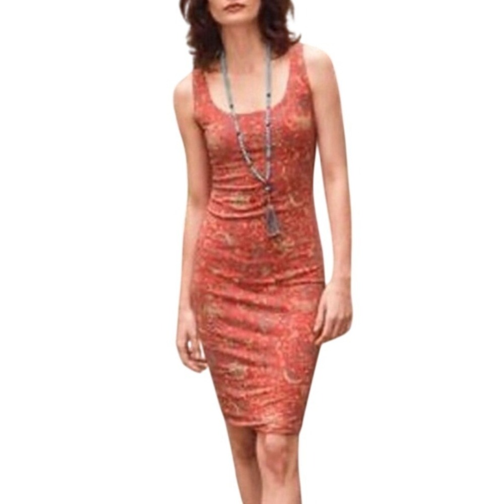 Peruvian Connection Pima Cotton Floral Sheath Artemis Dress Terracotta Orange M